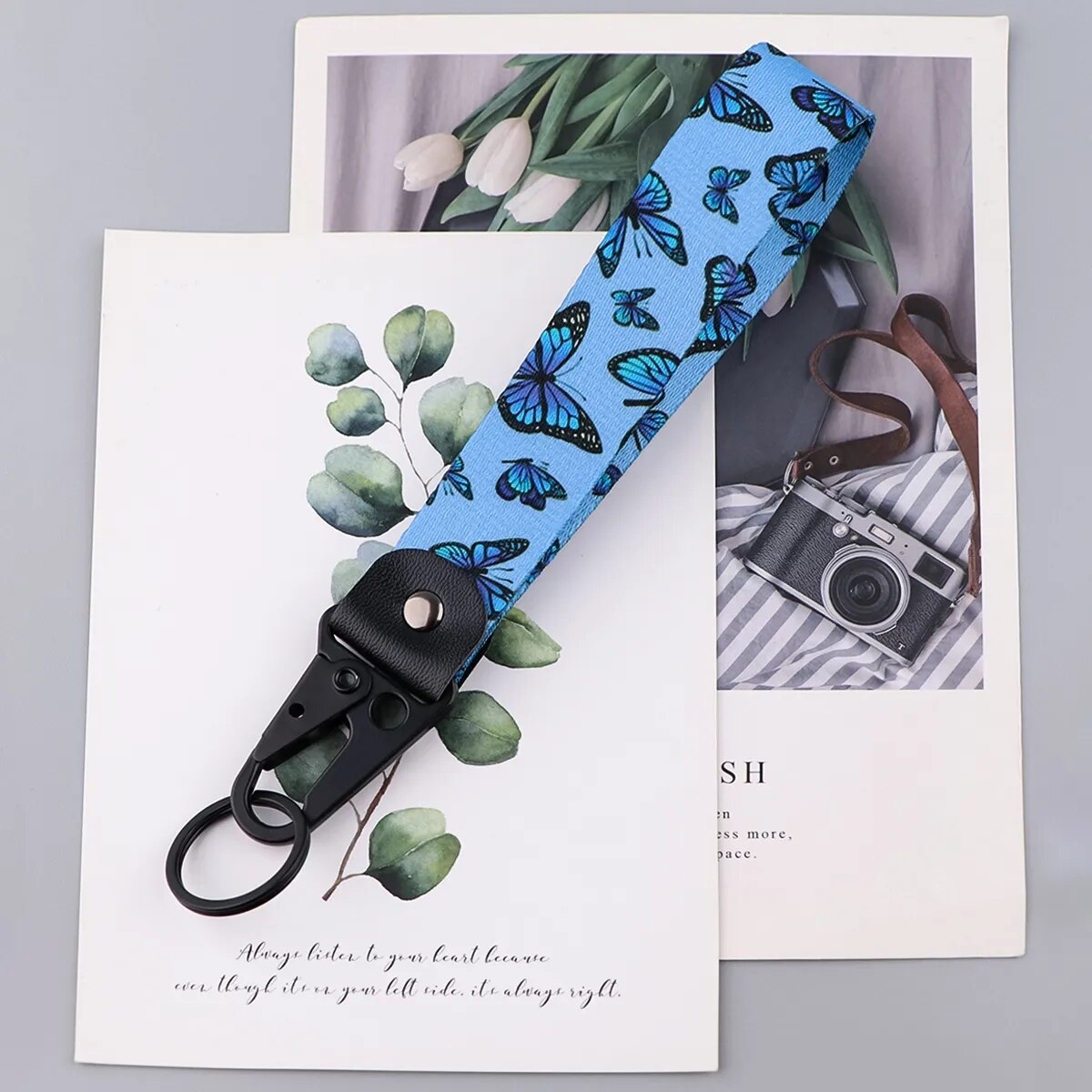 Butterfly 'Black & Blue Butterflies' Wrist Lanyard Keychain with Keyring Clip