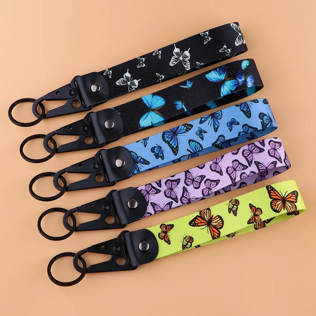 Butterfly 'Black & Blue Butterflies' Wrist Lanyard Keychain with Keyring Clip
