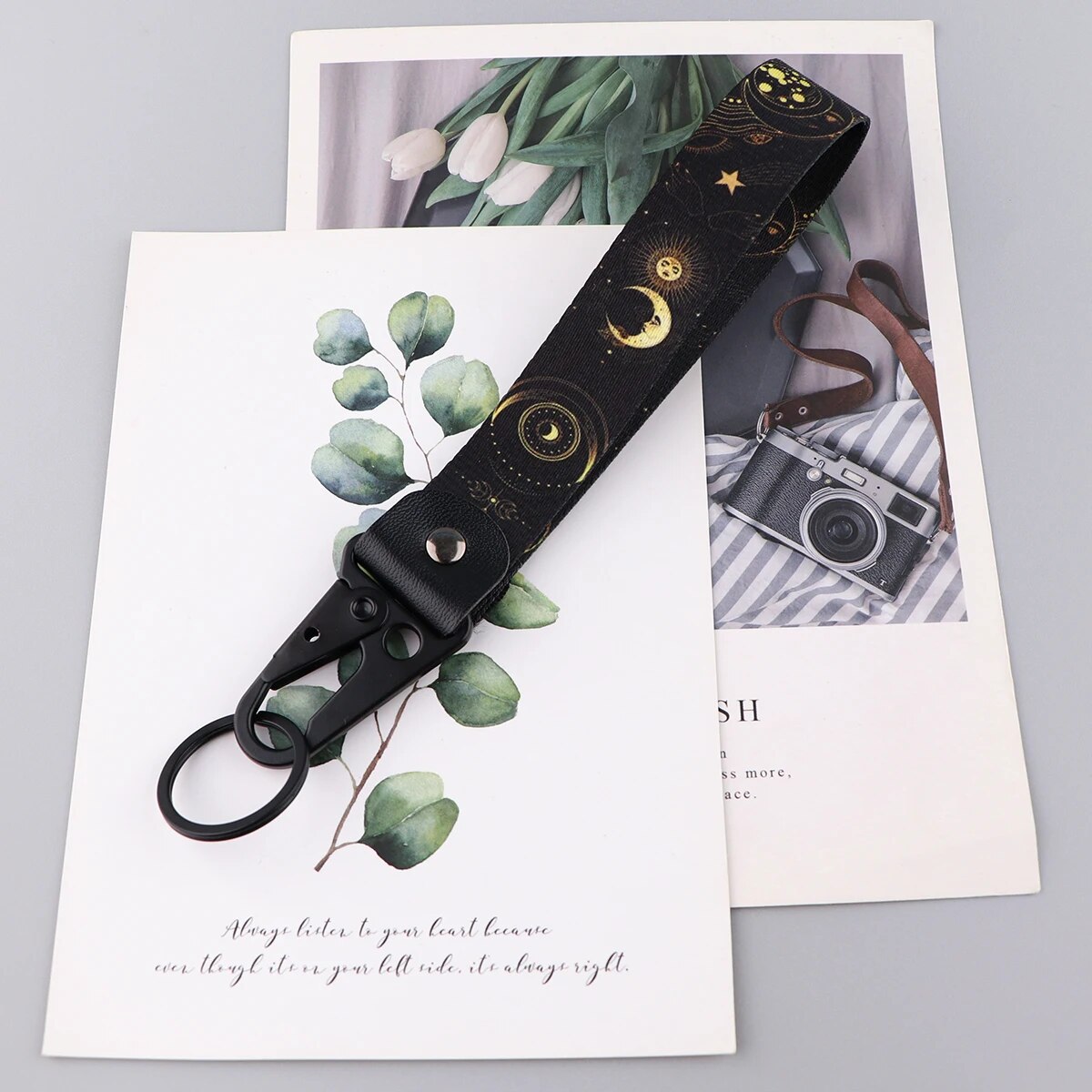 Moon & Stars Wrist Lanyard Keychain with Keyring Clip