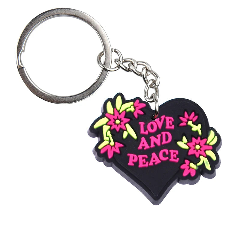 'Love And Peace | Black Floral Heart' Keyring PVC Keychain