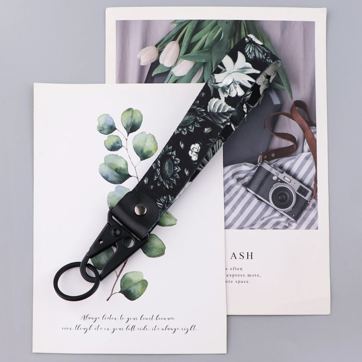White & Black Sunflower Wrist Lanyard Keychain with Keyring Clip