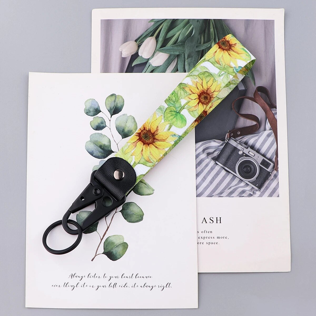 Sunflower Daisy Wrist Lanyard Keychain with Keyring Clip