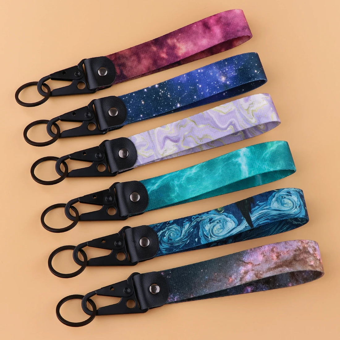 Colorful Marble 'Purple Waves' Wrist Lanyard Keychain with Keyring Clip