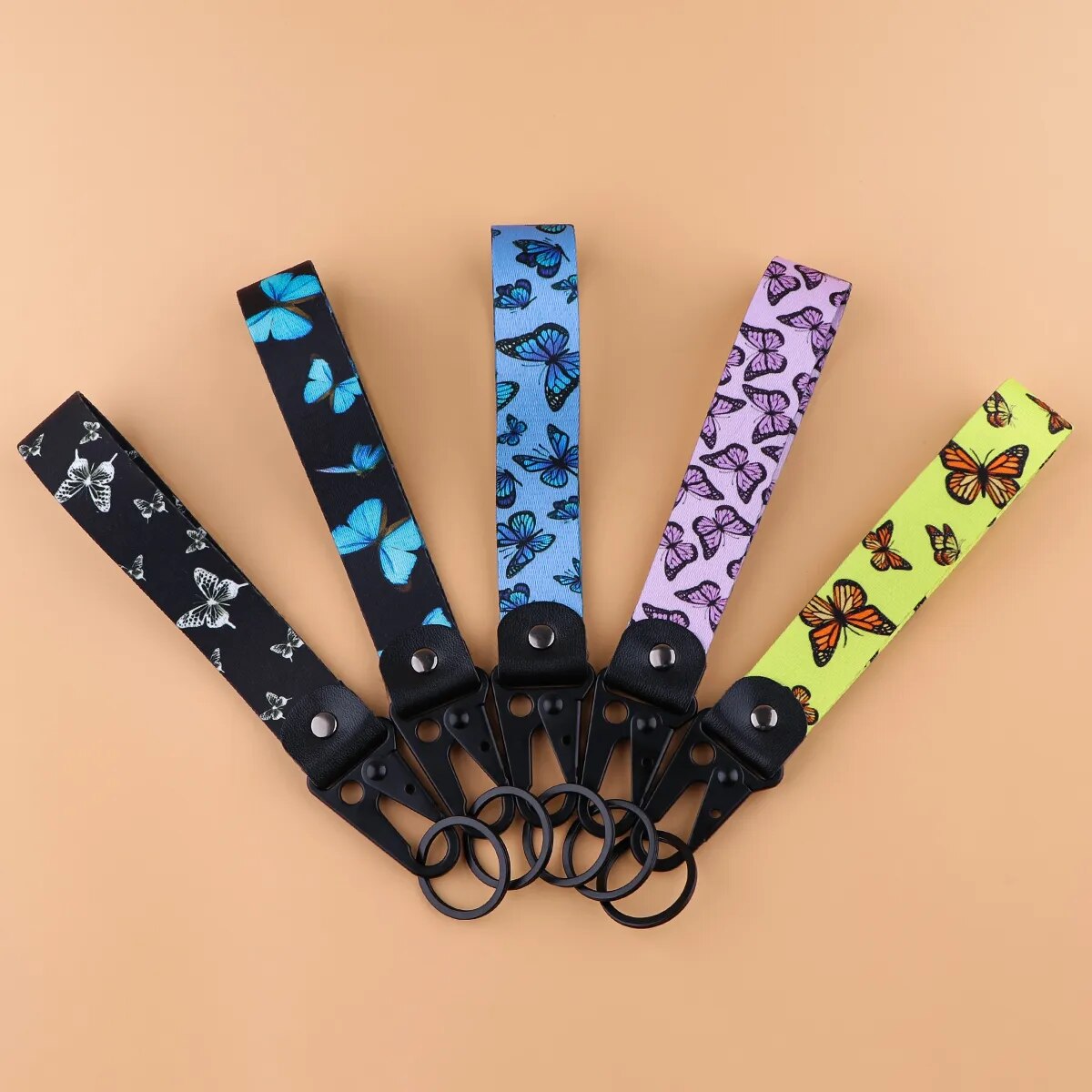 Butterfly 'Black & Pink Butterflies' Wrist Lanyard Keychain with Keyring Clip