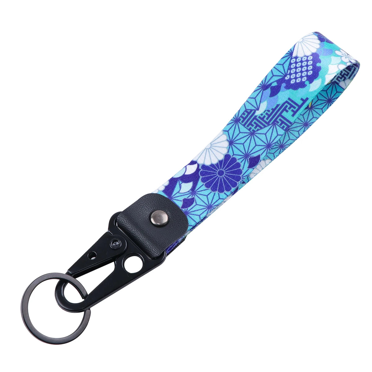 Flowers 'Blue Abstract' Wrist Lanyard Keyring Clip Keychain