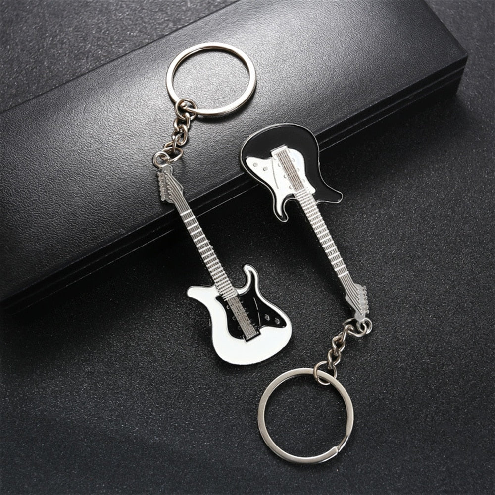 Electric Guitar 'White and Black | Guitar' Keyring Metal Keychain