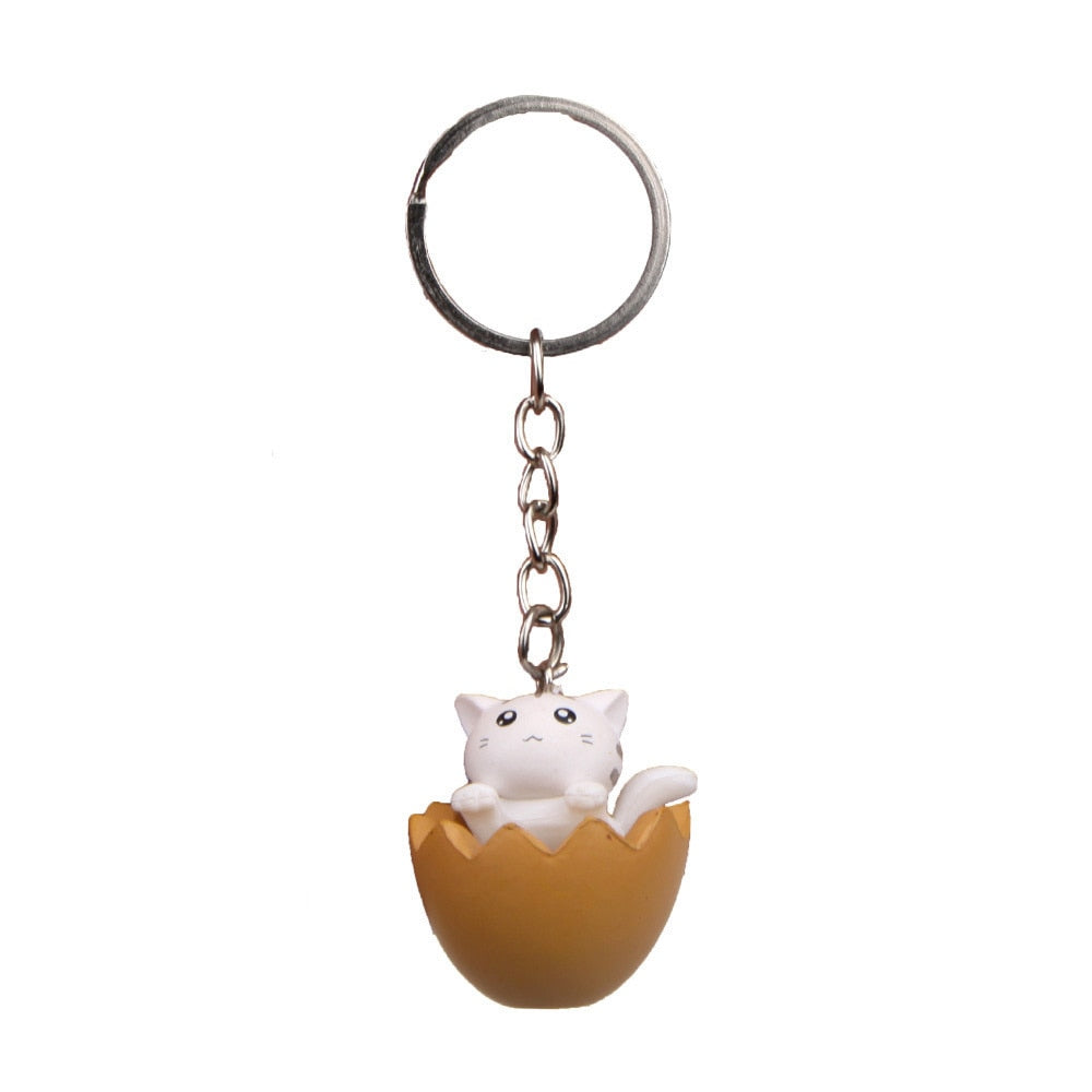 Cute Carton Cat 'White Cat | Brown Egg Shell' Keyring SIlicone Keychain