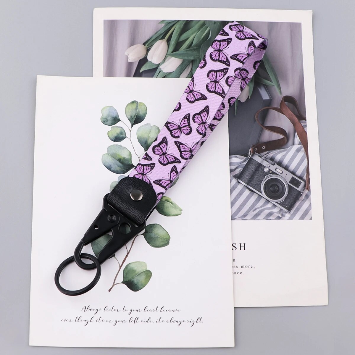 Butterfly 'Black & Pink Butterflies' Wrist Lanyard Keychain with Keyring Clip