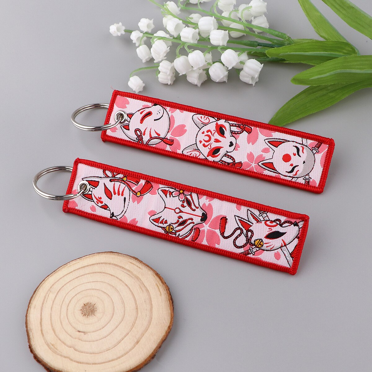 Sakura Fox Pink Embroidered Keychains