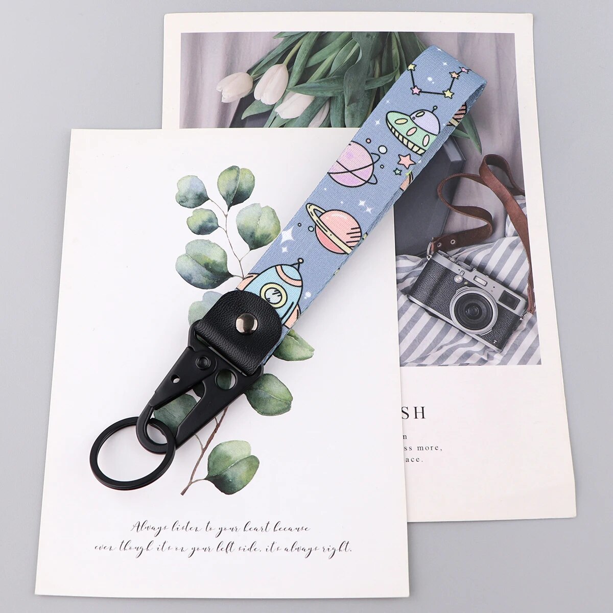 Moon x Spaceship x Planet Wrist Lanyard Keychain with Keyring Clip