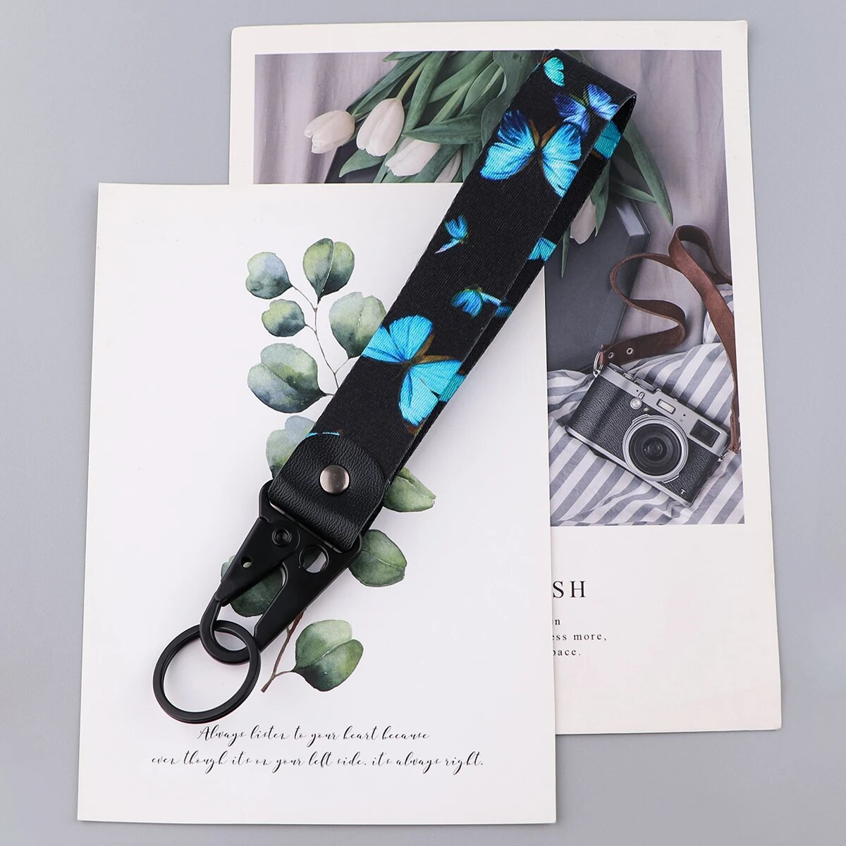 Butterfly 'Sky Blue Butterflies' Wrist Lanyard Keychain with Keyring Clip
