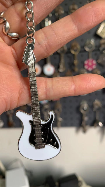 Electric Guitar 'White and Black | Guitar' Keyring Metal Keychain