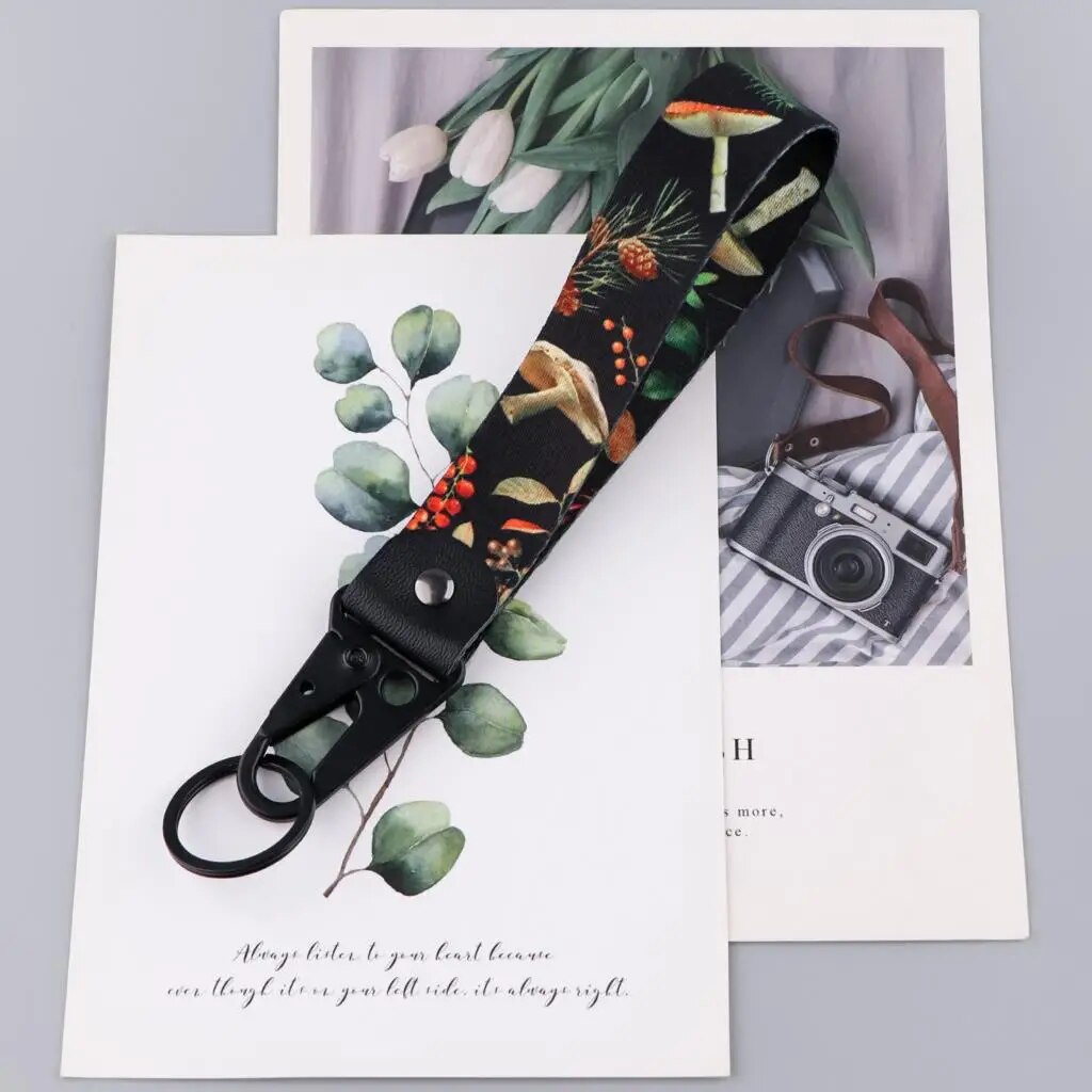 Mushroom & Leaves Wrist Lanyard Keychain with Keyring Clip