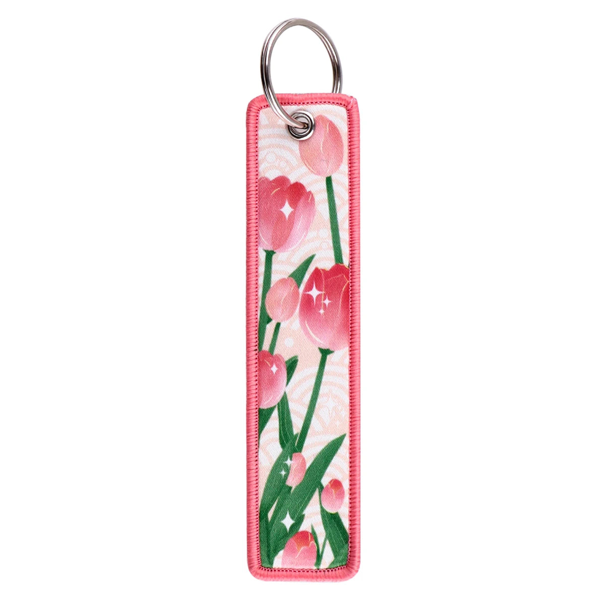 Flowers 'Pink Tulips' Embroidered Metal Keychain
