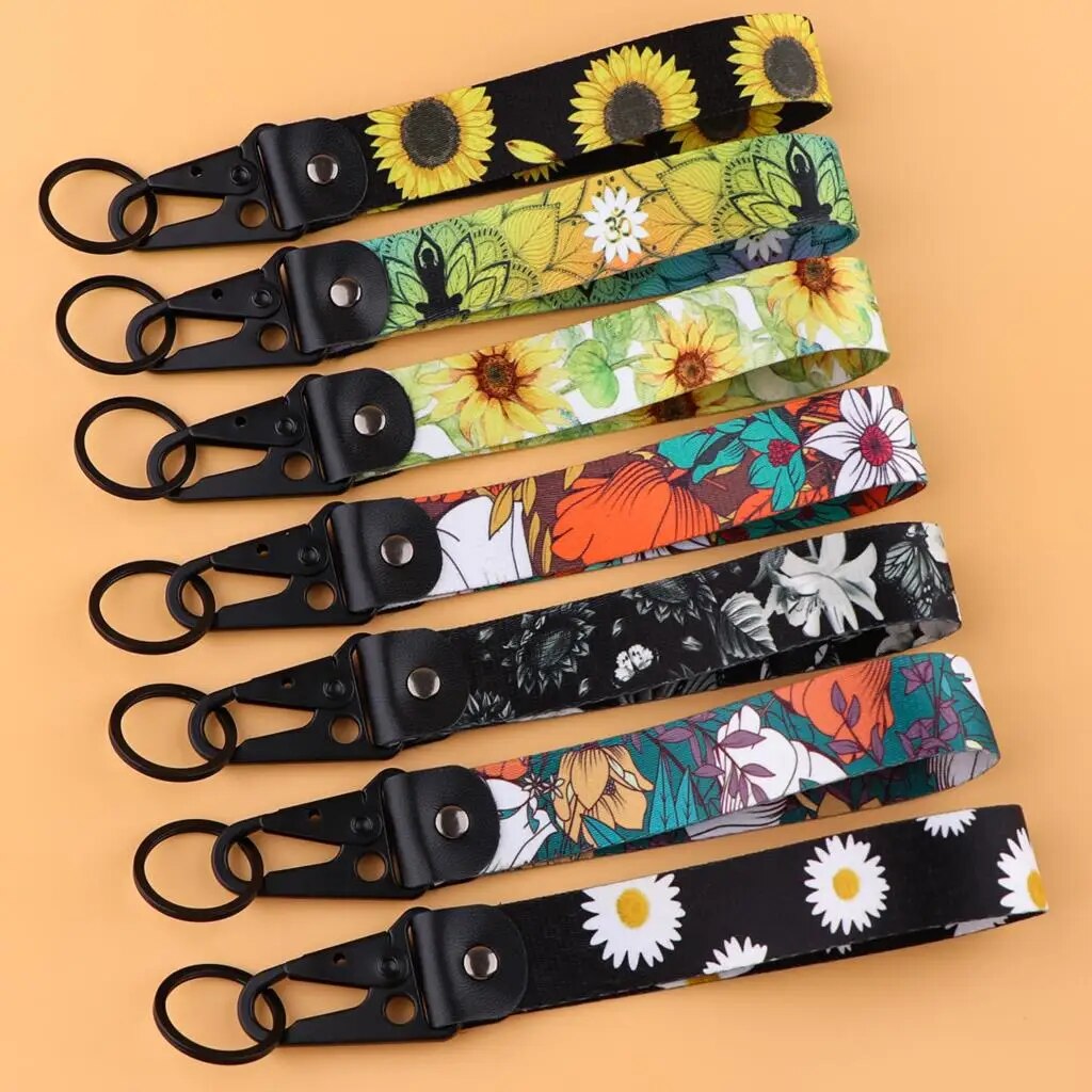 Mandala Daisy Flower Wrist Lanyard Keychain with Keyring Clip