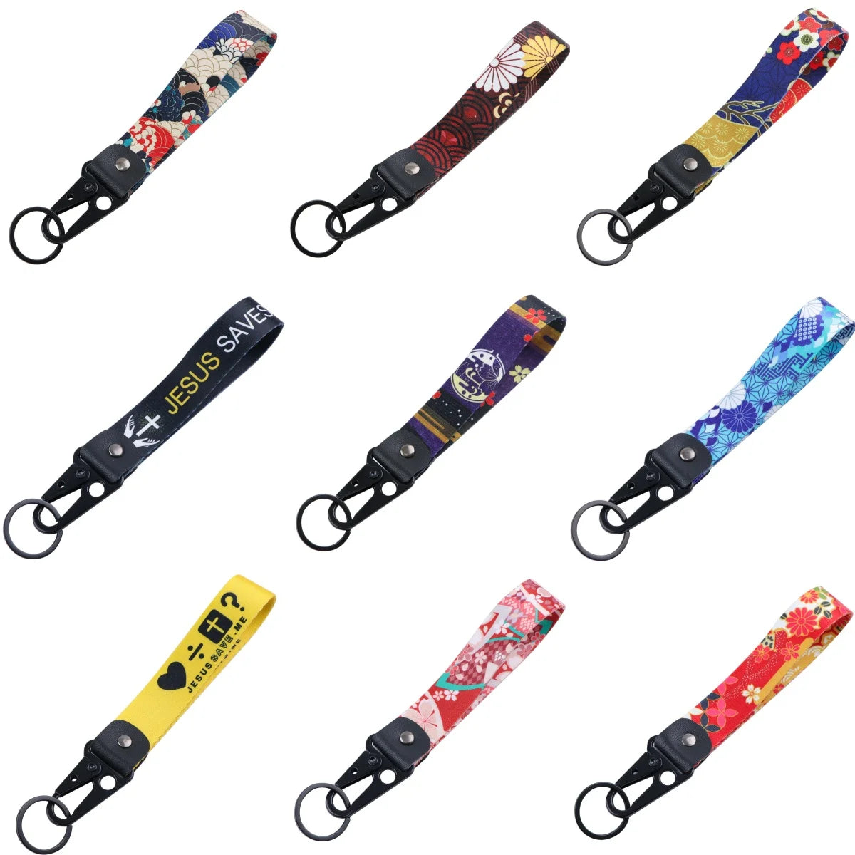 Flowers 'Blue Abstract' Wrist Lanyard Keyring Clip Keychain