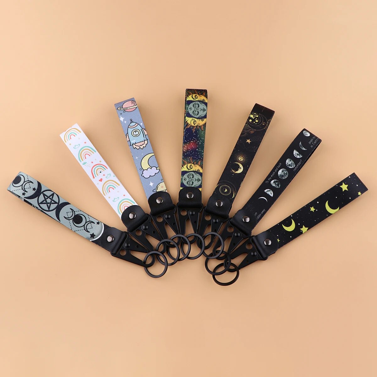Moon & Stars Wrist Lanyard Keychain with Keyring Clip