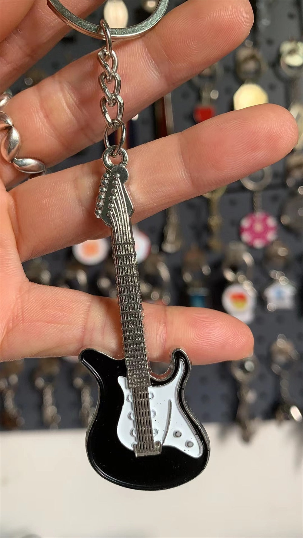 Electric Guitar 'Black and White | Guitar' Keyring Metal Keychain