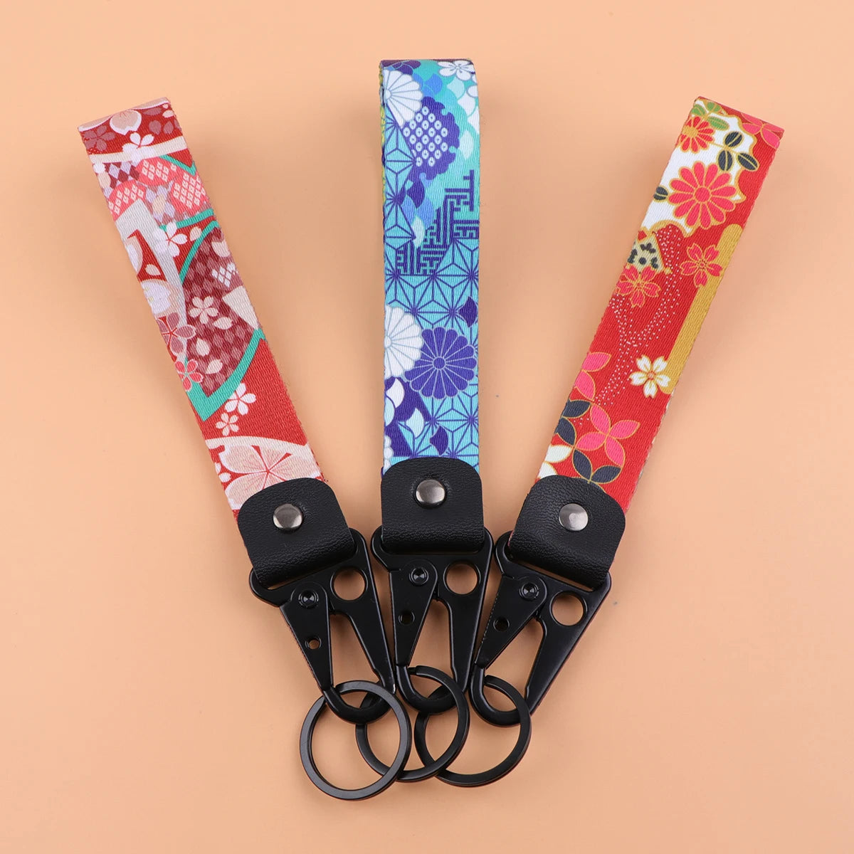 Flowers 'Blue Abstract' Wrist Lanyard Keyring Clip Keychain