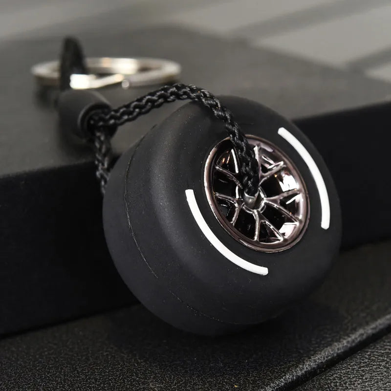F1 Racing Wheel Tire 'Gun White Metal' Keyring Rubber Keychain