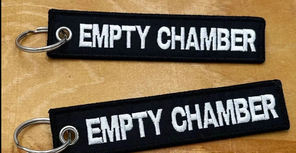 Funny Phrase 'Black | Empty Chamber' Embroidered Keychain