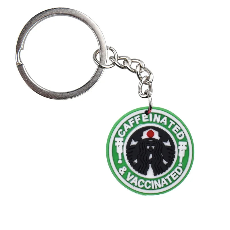 'Caffeinated & Vaccinated' Keyring Metal Keychain