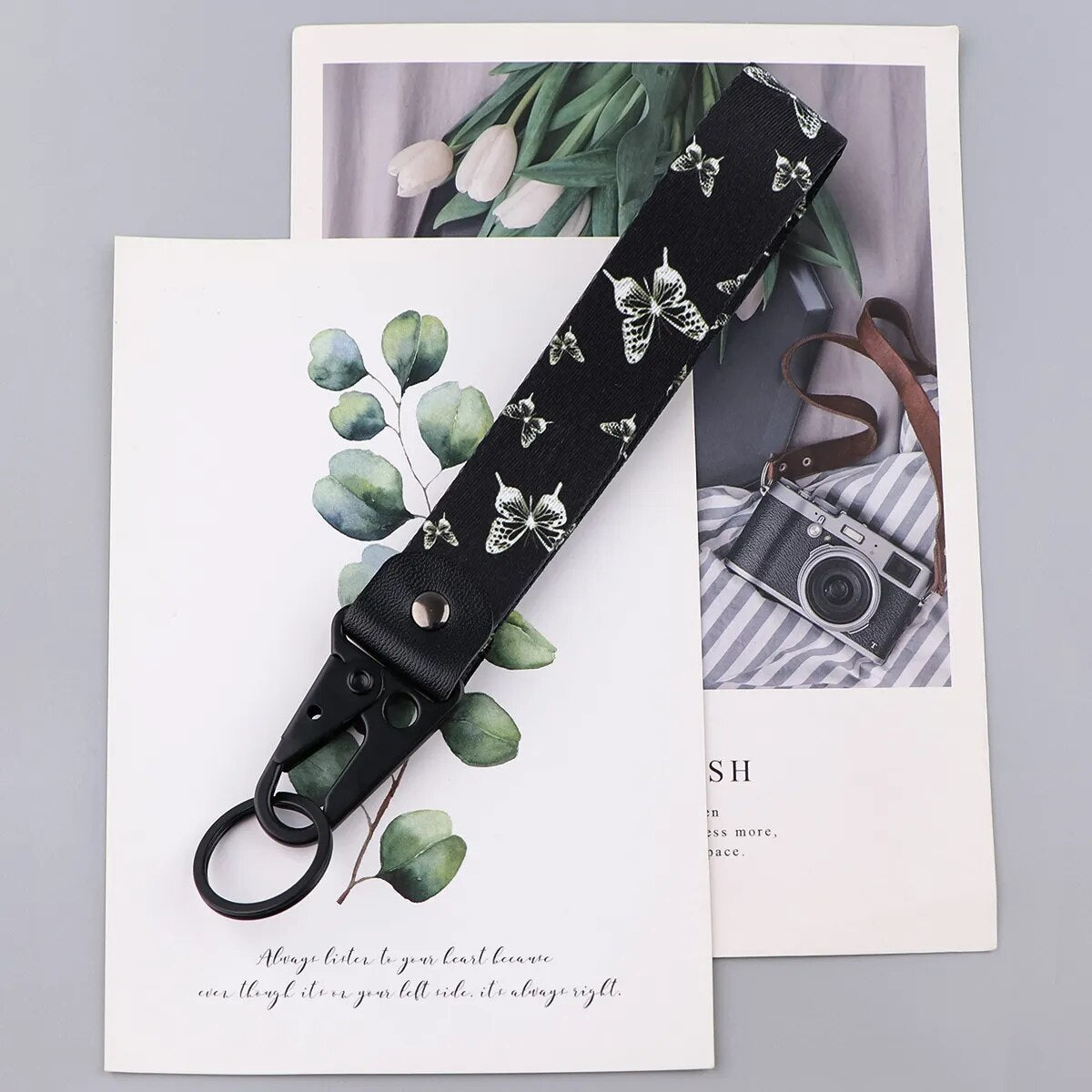 Butterfly 'White & Black Butterflies' Wrist Lanyard Keychain with Keyring Clip