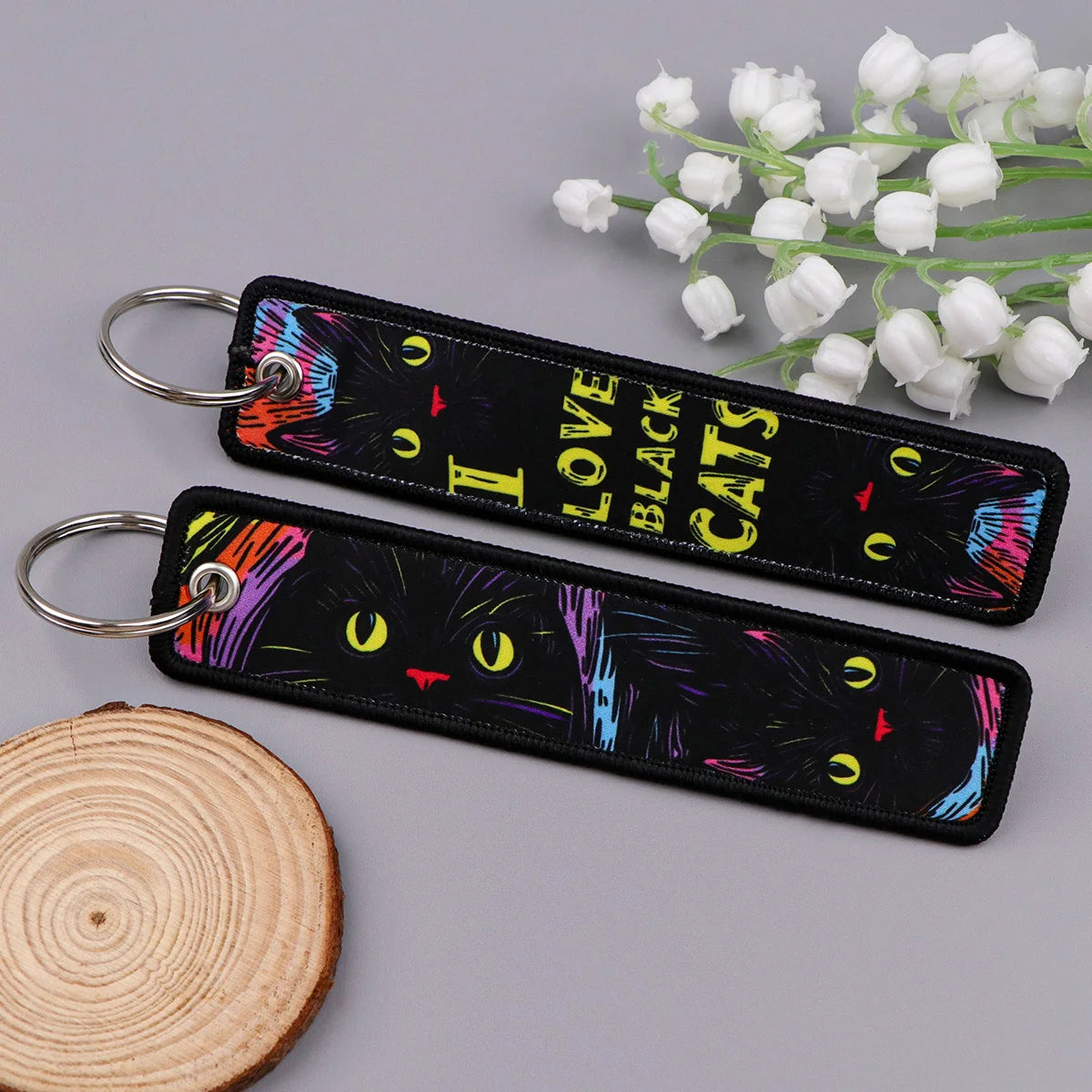 I Love Black Cat Embroidered Keyring Keychain
