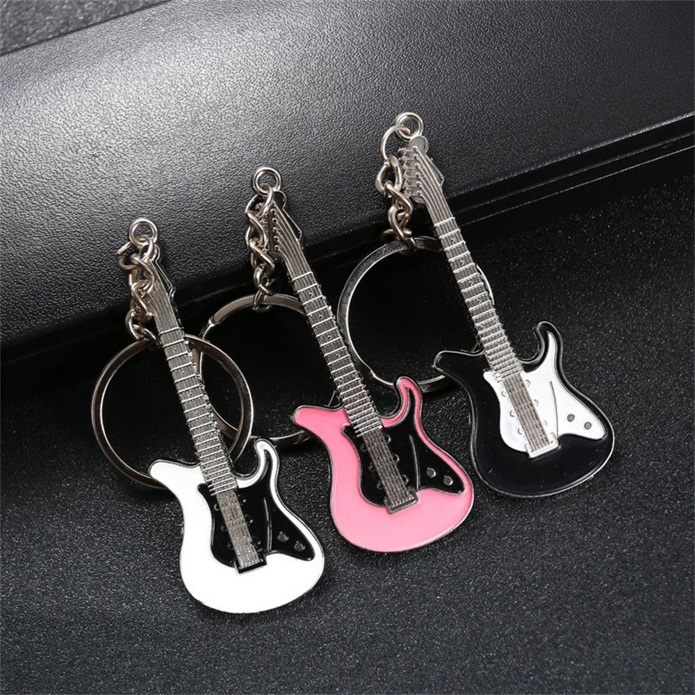 Electric Guitar 'White and Black | Guitar' Keyring Metal Keychain