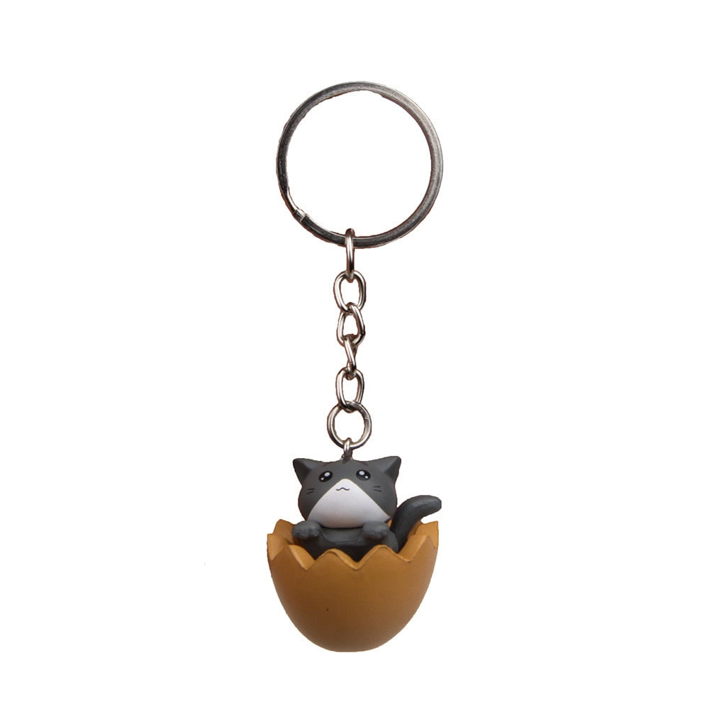 Cute Carton Cat 'Gray Cat | Brown Egg Shell' Keyring SIlicone Keychain